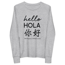 Load image into Gallery viewer, Oasis 'Hello' Trilingual Youth Unisex Long Sleeve T-Shirt - Heather Grey