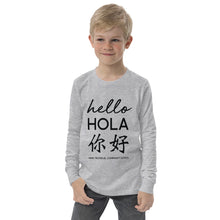 Load image into Gallery viewer, Oasis 'Hello' Trilingual Youth Unisex Long Sleeve T-Shirt - Heather Grey