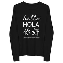 Load image into Gallery viewer, Oasis 'Hello' Trilingual Youth Unisex Long Sleeve T-Shirt - Black