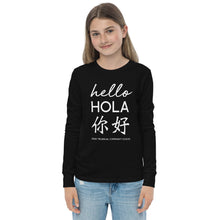 Load image into Gallery viewer, Oasis 'Hello' Trilingual Youth Unisex Long Sleeve T-Shirt - Black