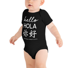 Load image into Gallery viewer, Oasis &#39;Hello&#39; Trilingual Unisex Baby Onesie - Black &amp; White
