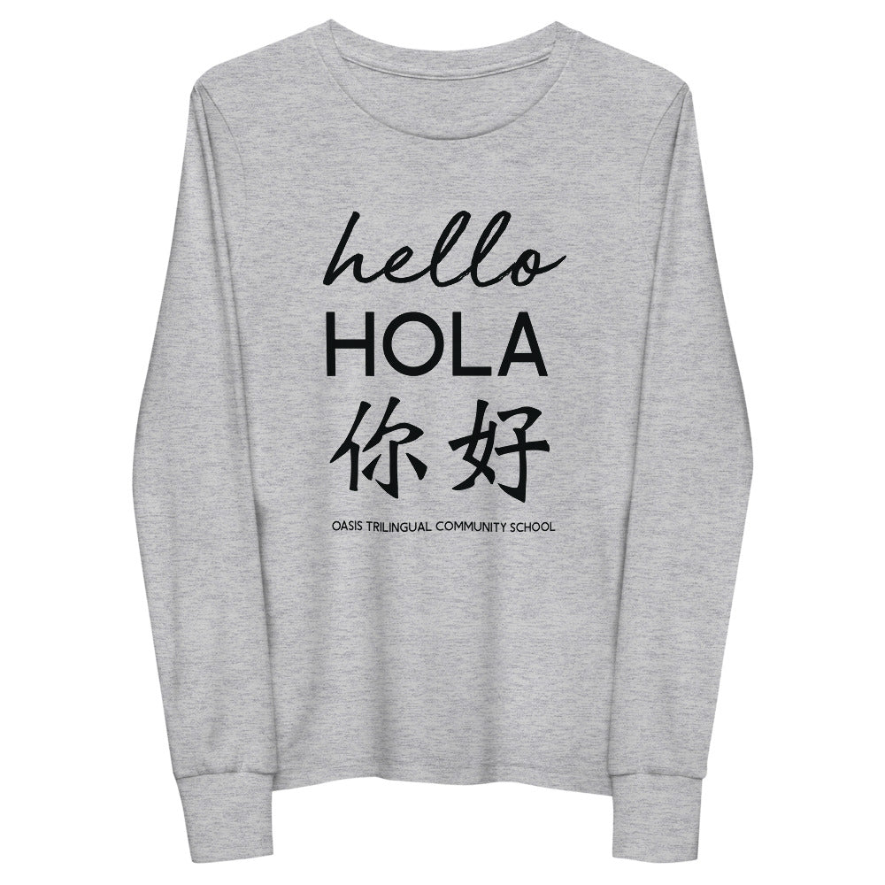 Oasis 'Hello' Trilingual Youth Unisex Long Sleeve T-Shirt - Heather Grey