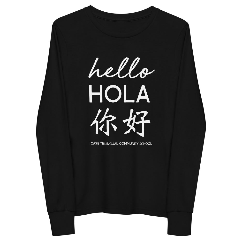 Oasis 'Hello' Trilingual Youth Unisex Long Sleeve T-Shirt - Black